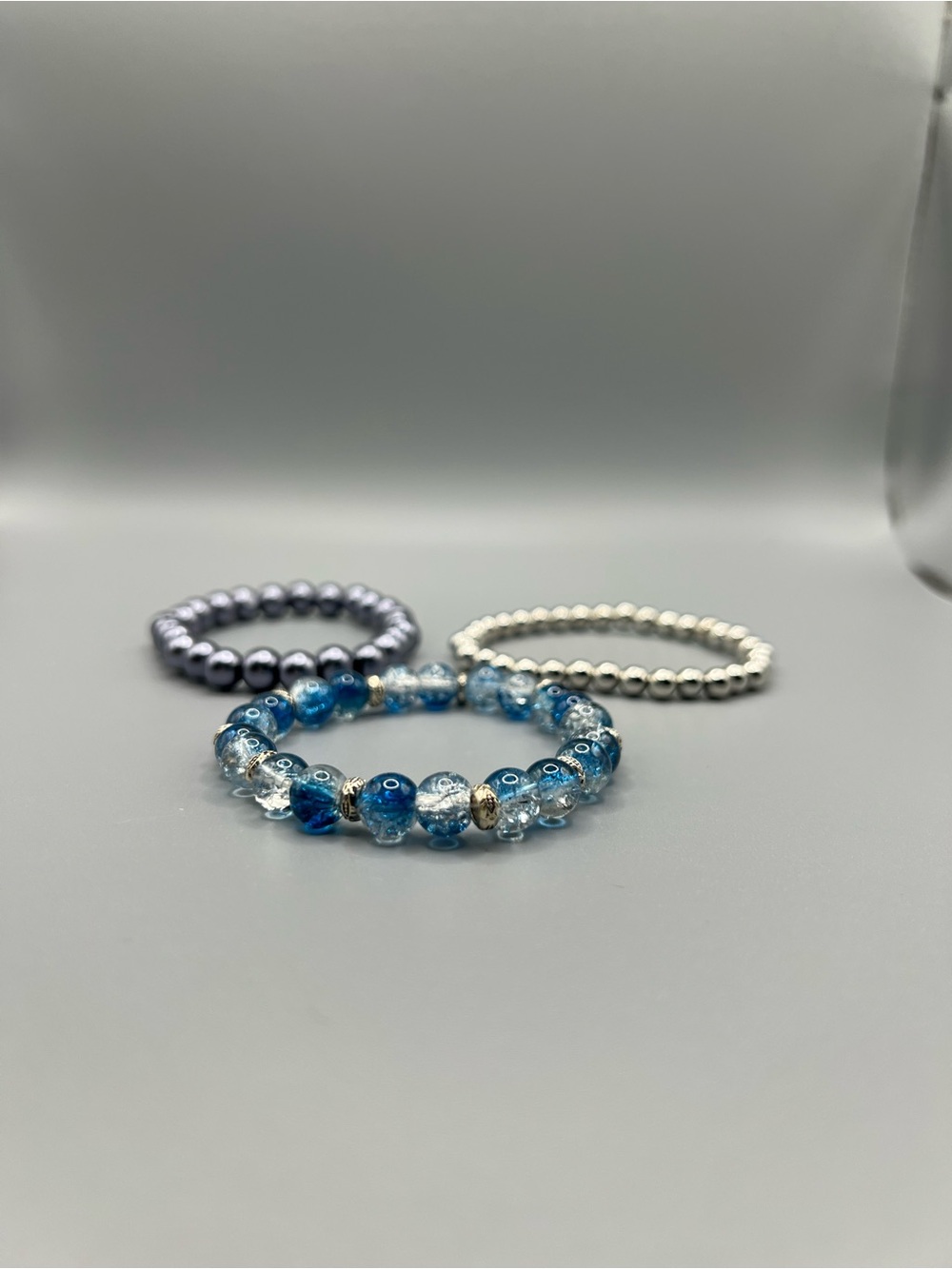 Blue Glass Bead Stretch Bracelet - Handmade #B0118T